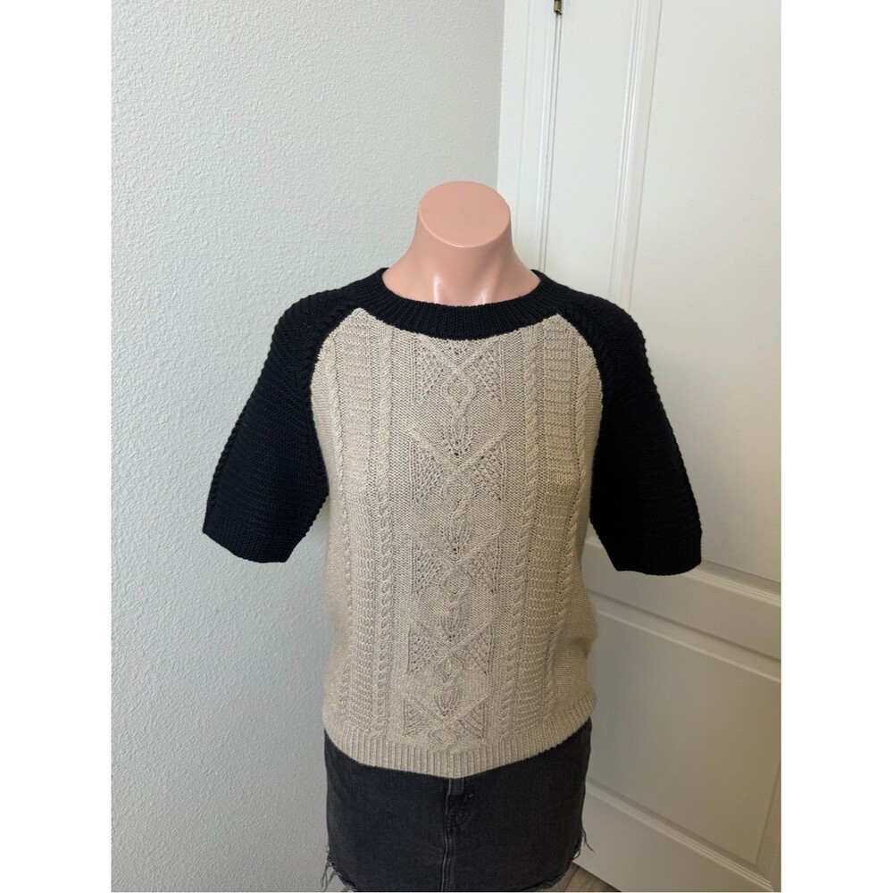 St.John Two-Tone Wool Blend Knit Short-Sleeve Sweater - Black & Cream Sz S